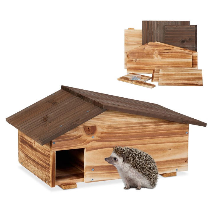 Casuta pentru arici Relaxdays, din lemn de pin, 2 camere, acoperis inclinat, 40x30x25cm