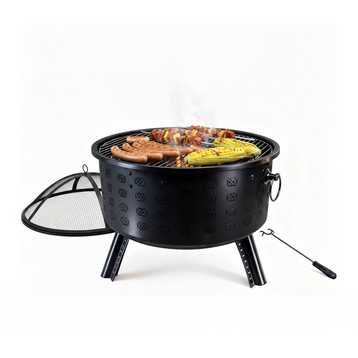 Gratar de gradina Relaxdays, bol de foc cu gratar, model cu diamant, negru