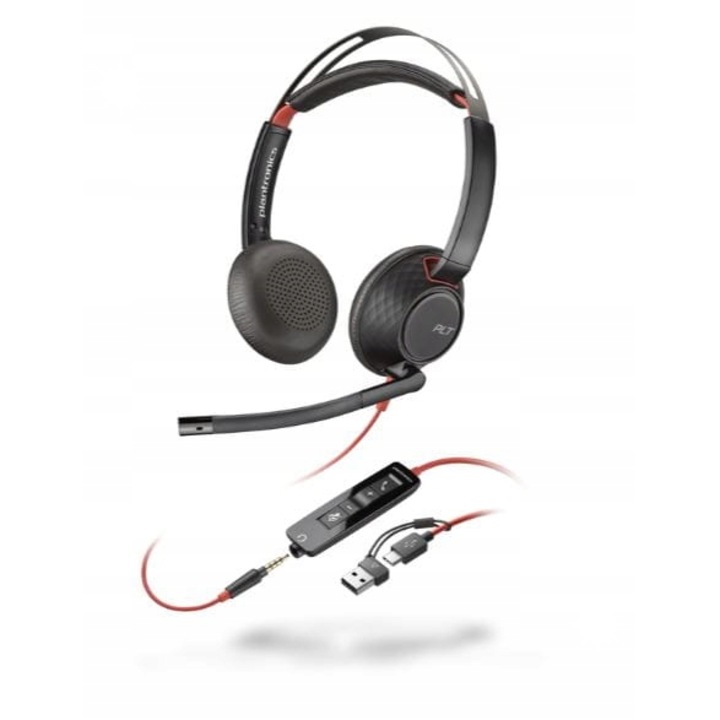 Casti PC Poly Blackwire 5220, stereo, USB-A si jack 3,5mm, reducere zgomot, pliabile