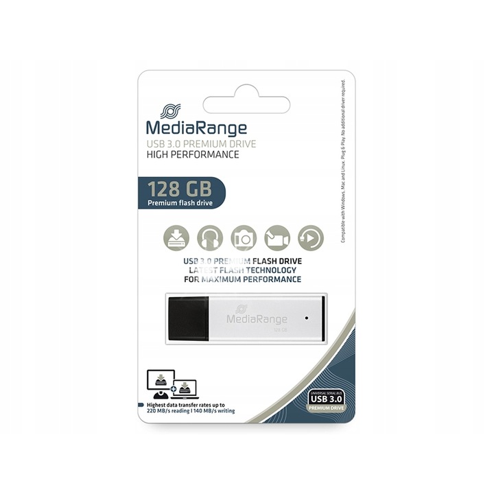 Pendrive 128 GB, MediaRange, USB 3.0, 220 MB/s, 140 MB/s, ezüst, 59x17x7mm