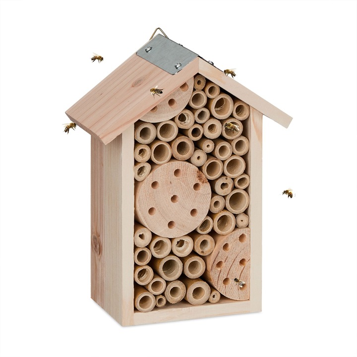 Hotel pentru insecte din lemn Relaxdays, pentru albine salbatice, dimensiuni 30x15x10cm