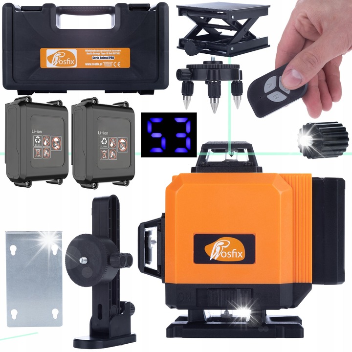 Set poziomica laser Rosfix Orange Tiger 16 linii, 2 acumulatori mari USB-C, IP54, 500g