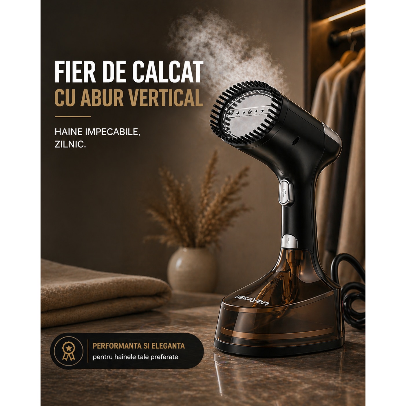 Aparat de calcat vertical cu aburi DEKAYEN®, Aparat de calcat portabil 1600W, Incalzire rapida in 25 secunde, Rezervor 350 ml, eco-friendly, Statie de calcat pentru haine cu perie, manusi termoizolante si husa de transport