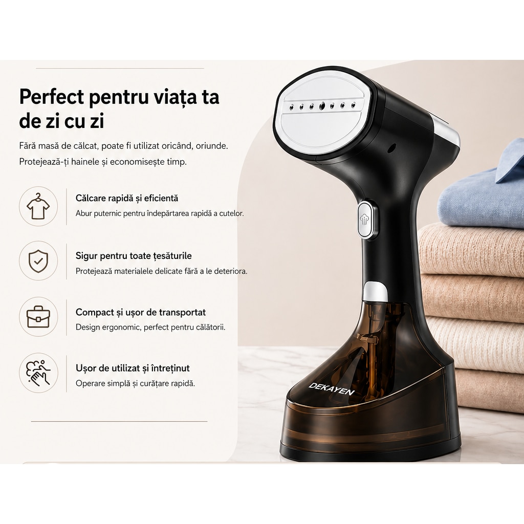 Aparat de calcat vertical cu aburi DEKAYEN®, Aparat de calcat portabil 1600W, Incalzire rapida in 25 secunde, Rezervor 350 ml, eco-friendly, Statie de calcat pentru haine cu perie, manusi termoizolante si husa de transport