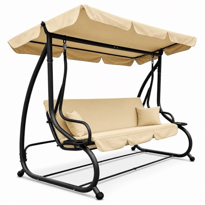 Balansoar Gradina, TOP SCAUNE®, 232x120x164cm, Leagan Gradina 3 Locuri, Tip Pat, Copertina Reglabila, Protectie Soare, Suport Pahare Integrat, Cadru Otel Vopsit, Suspensie Arcuri, Baza Stabilitate Ridicat, Leagan Gradina Confortabil, Pentru Relaxare, Bej