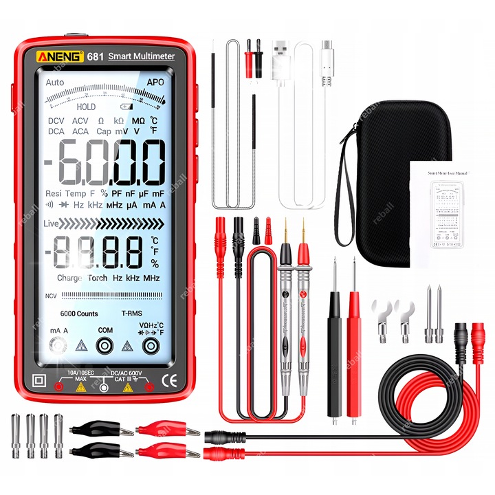 Multimetru digital Aneng 681A Pro Max, masurare AC/DC, rezistenta, temperatura, 5,01 inch, set complet