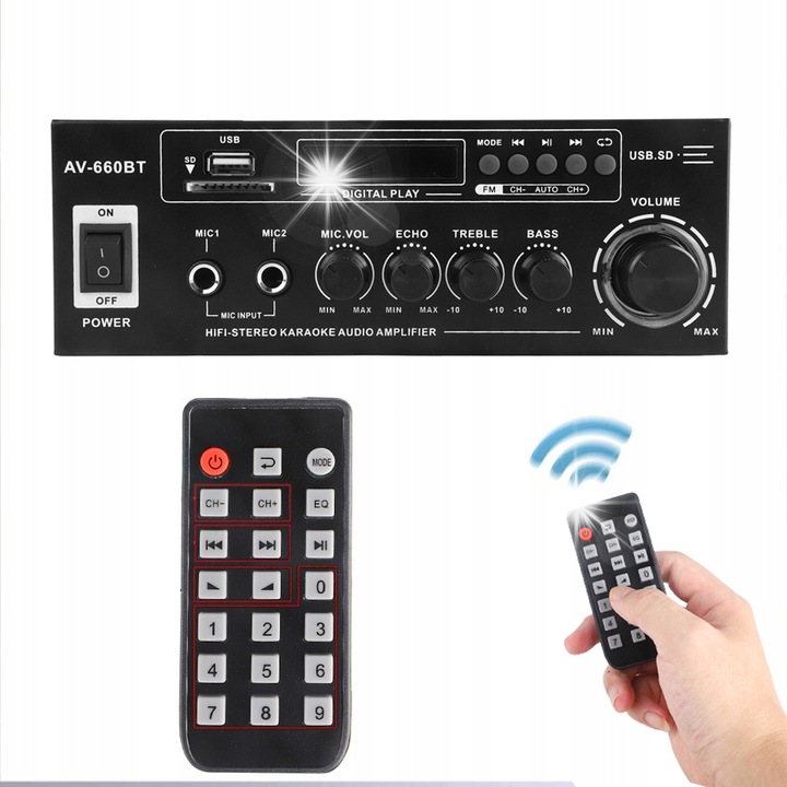 Amplificator audio AV-660BT, 2.0 canale, 3000W, negru, 200x70x190mm, cu Bluetooth 5.0 si radio FM