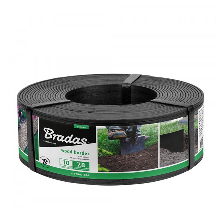 Banda separatoare de gazon cu efect de lemn 10m x 7, 8cm x 2, 8mm, negru