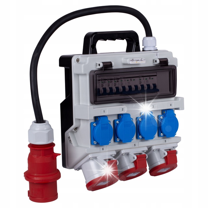 Elektromos elosztók, Doktorvolt, építkezési elosztó, 3 db 400V-os ipari aljzat, 4 db 230V-os aljzat, IP44, 310x275x120mm