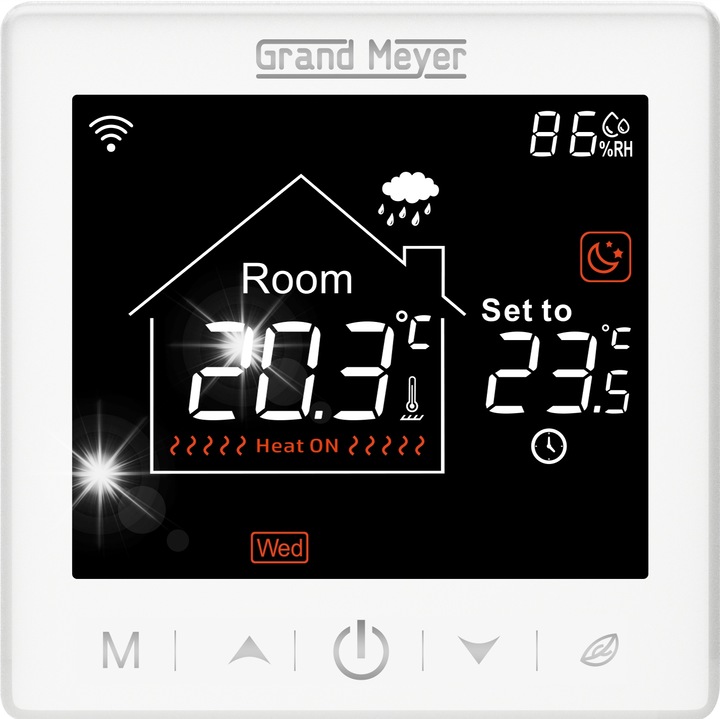 Termostat pentru incalzire in pardoseala, Grand Meyer, Wi-Fi, alb, panou manual, 12mm