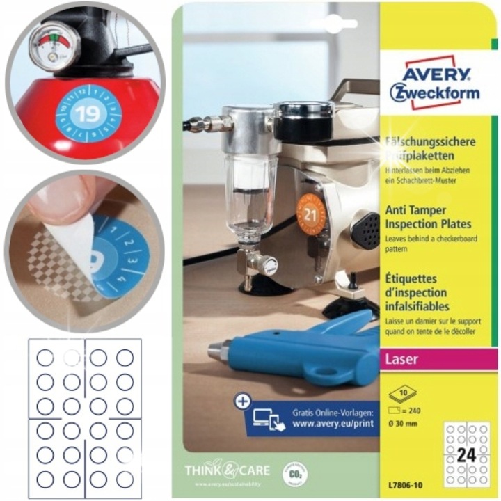 Öntapadós címkék, Avery, 30mm, 240 darabos szett, fehér, A4-es formátum