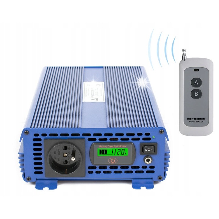 AZO Digital IPS-2000S PRO autós inverter, 12V/230V, 2000W, szinuszos, vezeték nélküli távirányítóval, méretek 340x210x85mm