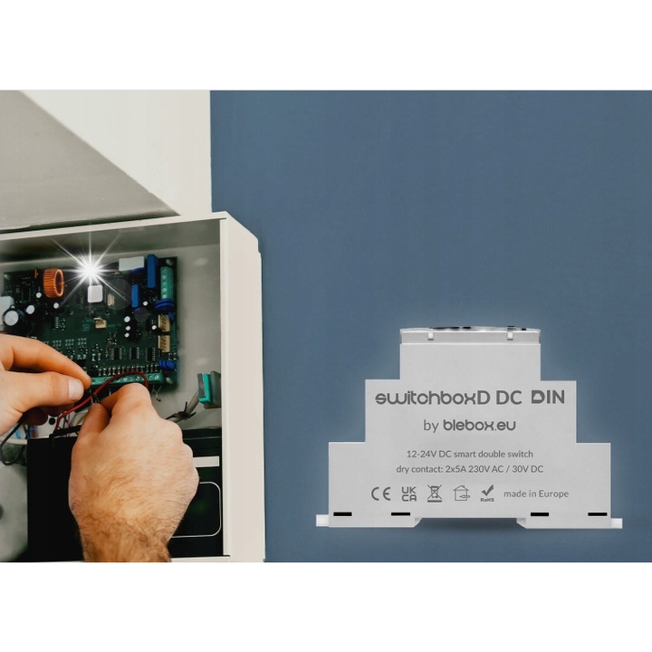 SwitchBoxD DC DIN, 2 csatornás, 12-24V, Wi-Fi, okostelefonos vezérlés, DIN sínre szerelhető