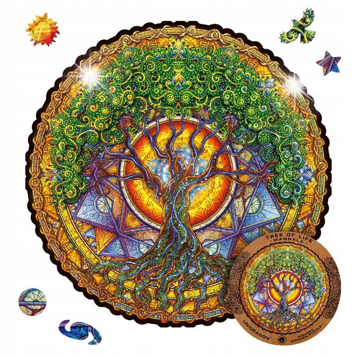 Mandala Életfa fa puzzle, 200 darab, élénk színek, 25x25cm