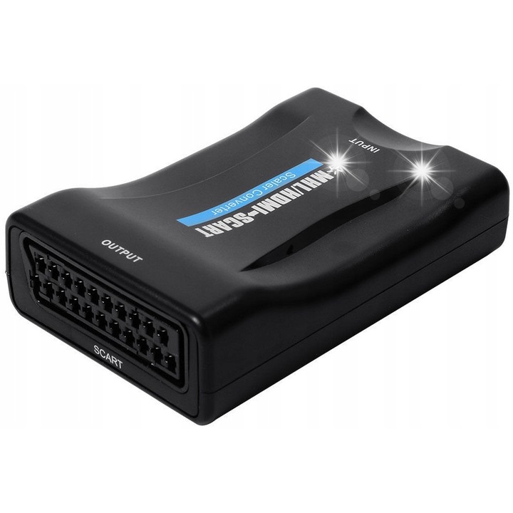 HDMI-SCART átalakító, SPACETRONIK, 720p/1080p támogatás, méretek 88x58x26mm, tápegységgel együtt