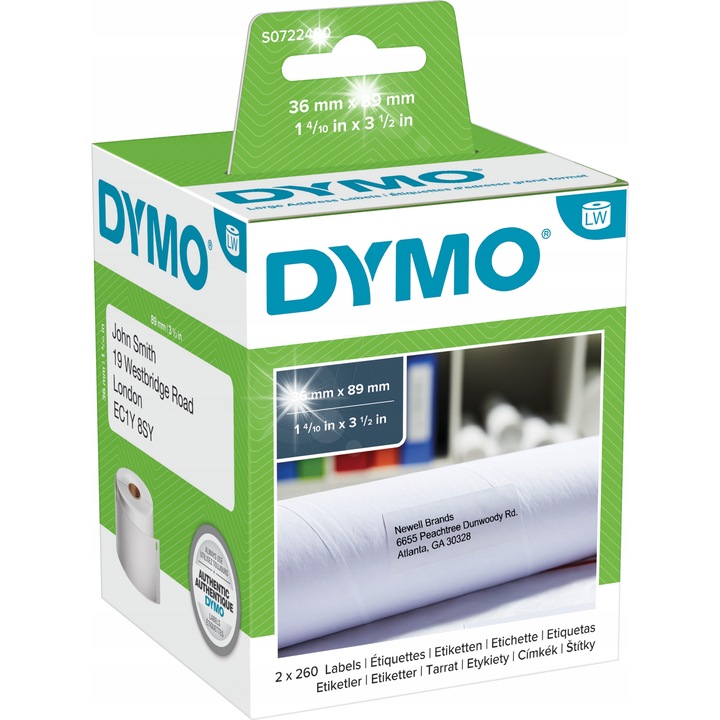 Dymo öntapadós címkék, 36x89mm, 520 címke, fehér, 2 tekercses készlet