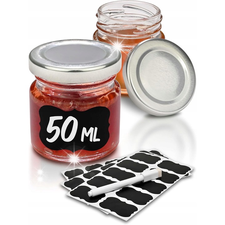 24 db 53 ml-es üveg befőttesüveg készlet piros fém tetővel, címkékkel és jelölő tollal