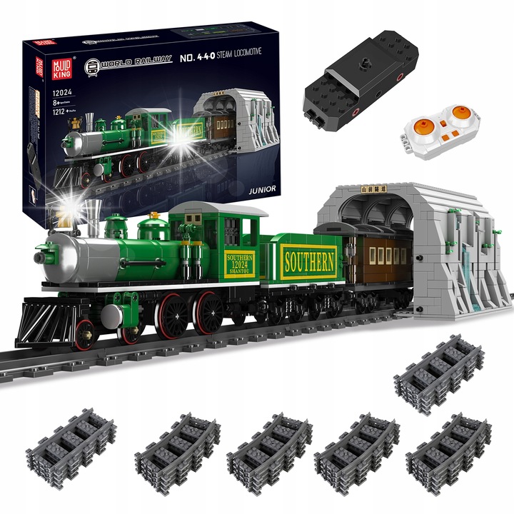 Set de constructie Mould King 12024, locomotiva cu aburi, 1212 elemente, multicolor, 65x9,5x121cm