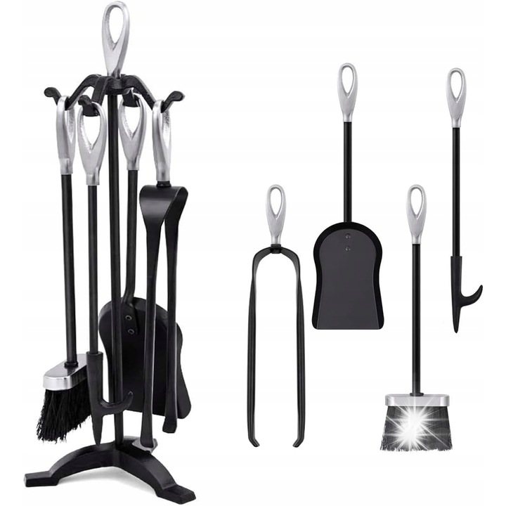 Set unelte pentru semineu 5 piese, cu suport, perie, lopata, cleste, pokere, fier forjat, ergonomic, usor de montat, rezistent la temperaturi ridicate