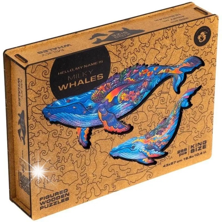 Unidragon fa puzzle - Tejfehér Bálnák, 268 darab, nagy méret 43x27cm, ajándék szett