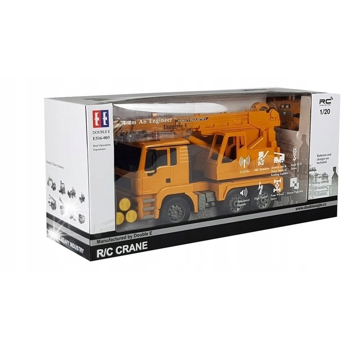 Camion cu telecomanda cu macara 1:20 Double E, 6 canale, 400x135x215mm, multicolor, set complet