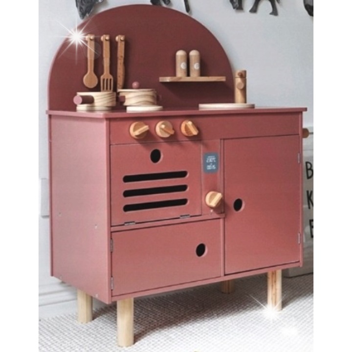 Bucatarie retro din lemn pentru copii, Pan i Pani Gadzet, 7 accesorii, roz, 78x56x30cm