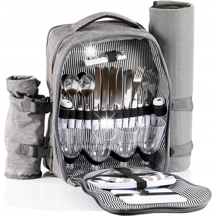 Rucsac picnic 32 piese set pentru 4 persoane, accesorii, gri, 38x30x10cm