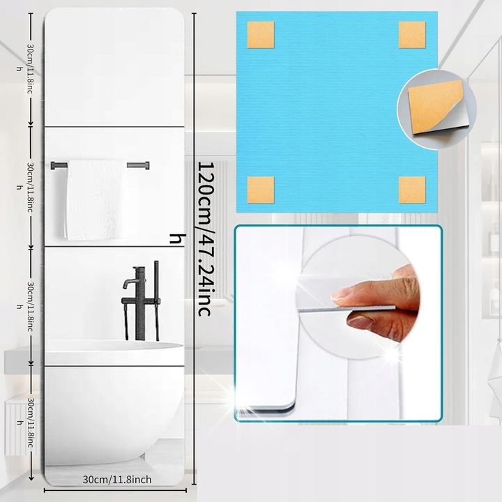 Set oglinzi acrilice autoadezive, 4 placi, 120x30cm, sigure pentru copii