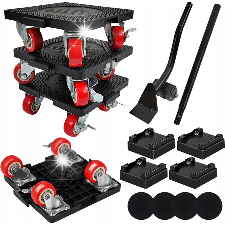 Set transport pentru mutat mobilier, 600 kg, 1x podnoscator, 4x role, 4x regulator inaltime, 4x suport anti-alunecare, 4x mata protectie, multicolor