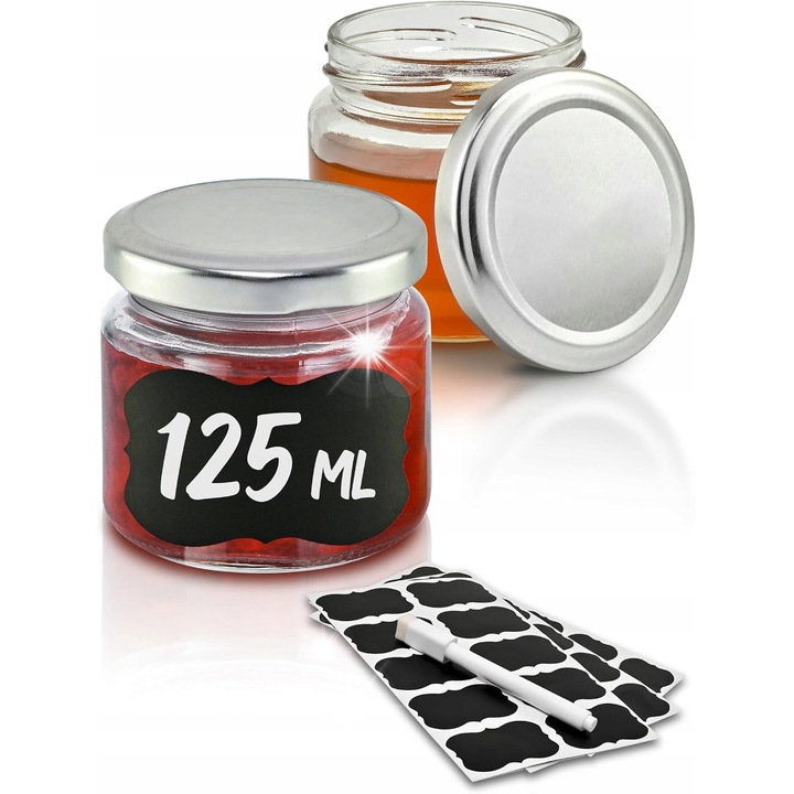 25 db üveg befőttesüveg készlet 230 ml ezüst fém tetővel, címkékkel és markerrel, 6,5 cm