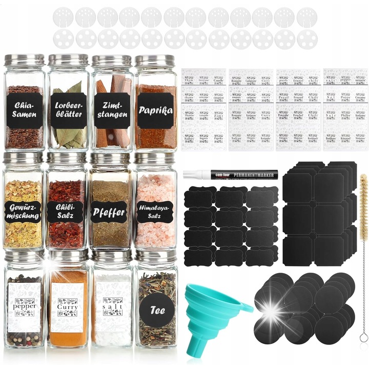 12 db fűszertartó készlet, 120 ml, rozsdamentes acél tetővel, címkékkel, markerrel, laza