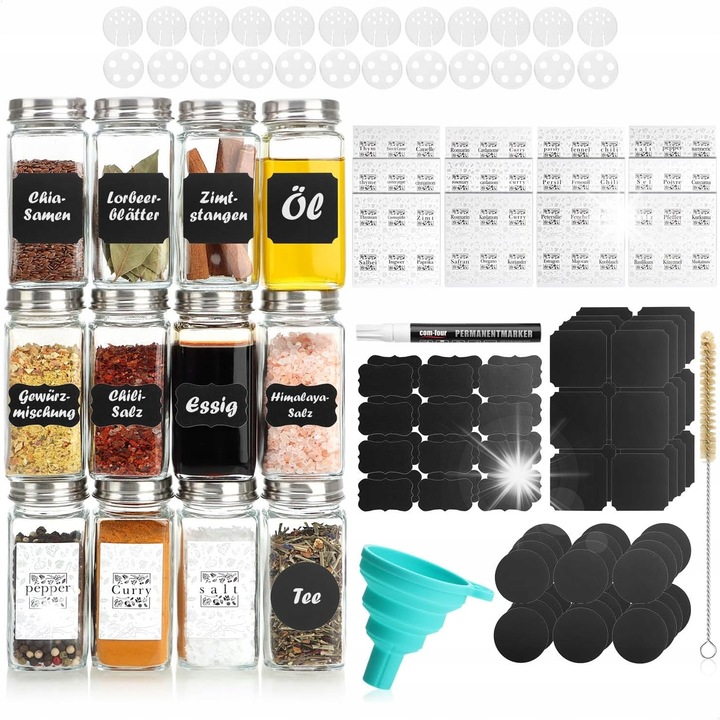 12 darabos fűszertartó készlet fedővel, 120ml, tartozékokkal, 4x4x10,5cm, üveg, rozsdamentes acél