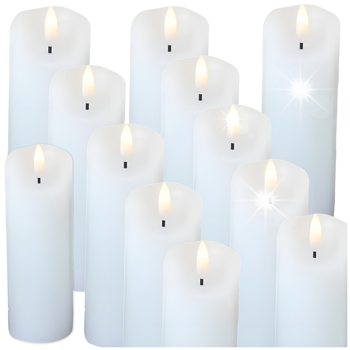 Set 12 lumanari LED cu efect de flacara, MAXSELL, 15cm, culoare calda, 5,3cm diametru