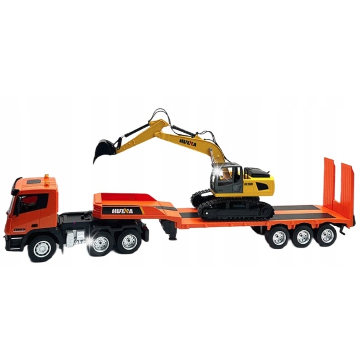 Set camion cu remorca si excavator Huina, 1:18, 72.2x10.5x17.1cm, multicolor