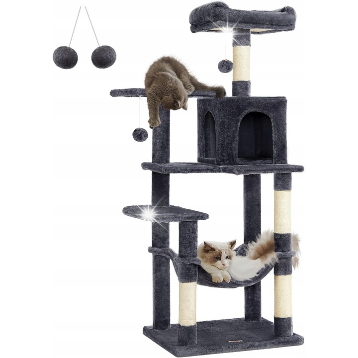 Drapak pentru pisici, model DRAP001, 5 niveluri, 2 case, negru, 143x60x50cm