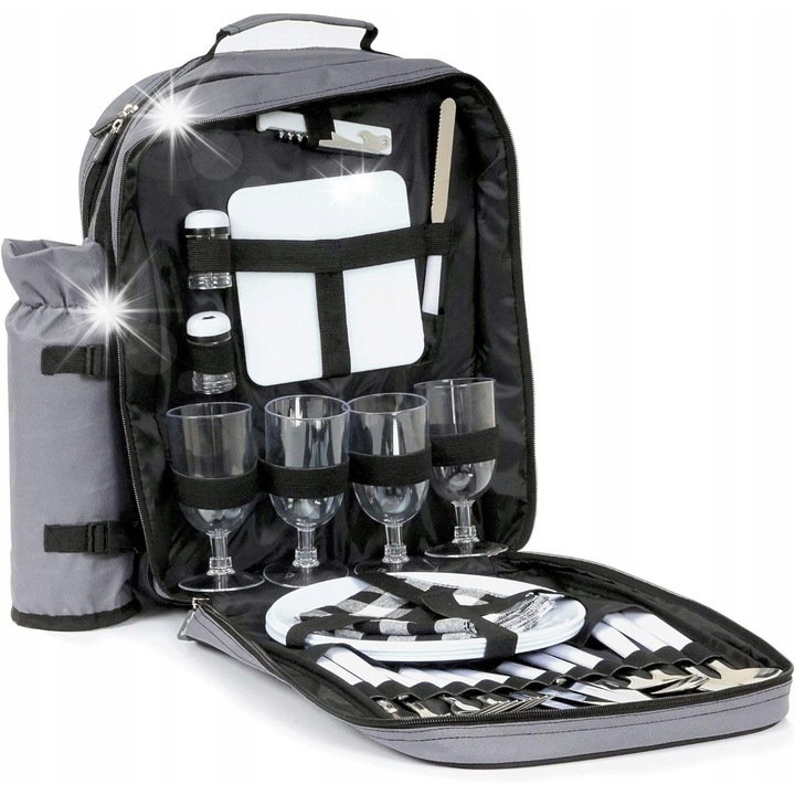 Rucsac picnic 31 piese set pentru 4 persoane, ustensile, patura, gri, 40x30x10cm