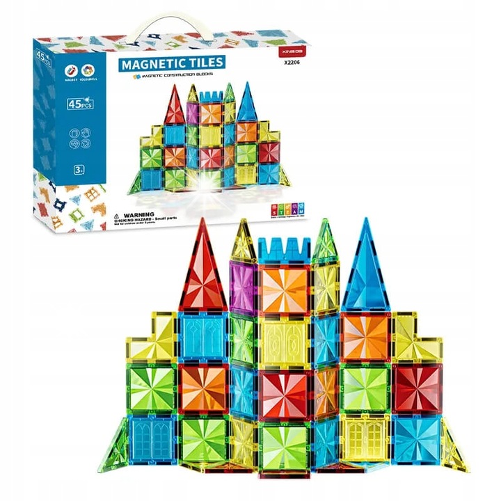 Set de constructie 3D, 45 piese, klocki magnetice, culori vii, dimensiune 6,5x6,5cm