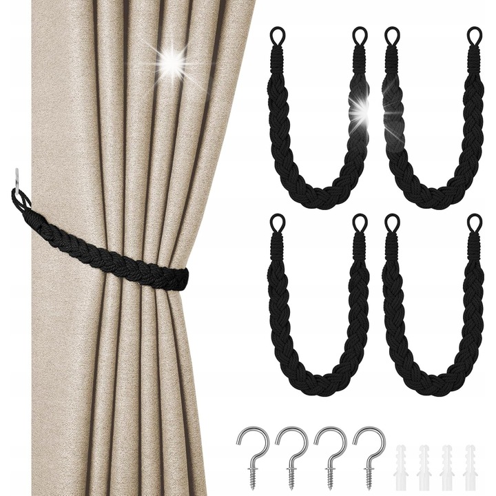 Set 4 opaski pentru perdele, 60x3cm, bumbac, negru