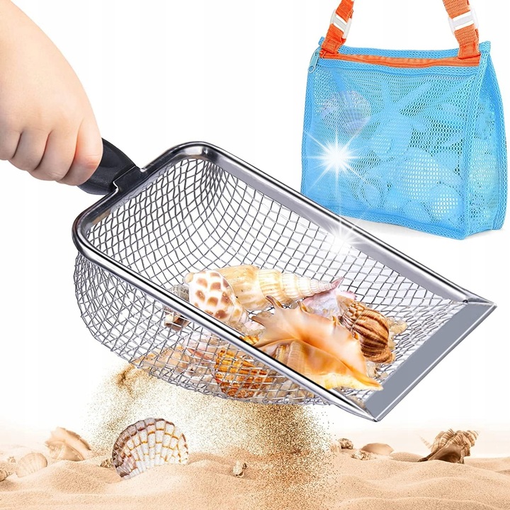 Kagylógyűjtő készlet gyerekeknek, rozsdamentes acél szűrős lapát 25cm, strandtáska 24x20cm, állítható