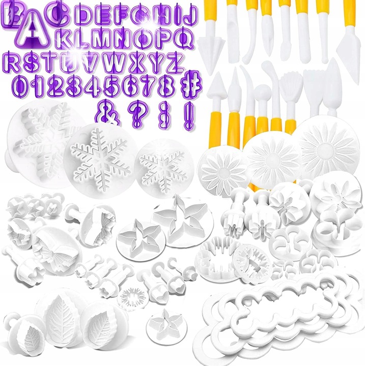 Set unelte decorare prajituri, 87 forme, ABS fara BPA, flori, litere, cifre, multicolor