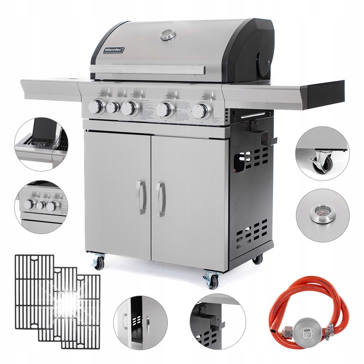 SilverFlame 4+1 17,5kW gázgrill öntöttvas és rozsdamentes acél ráccsal, méretei 119x146x51,5cm