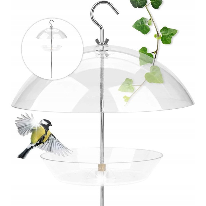 Dispenser hrana pentru pasari, 29,5 x 29,5 x 28,5cm, design modern, transparent, cu suport de fixare