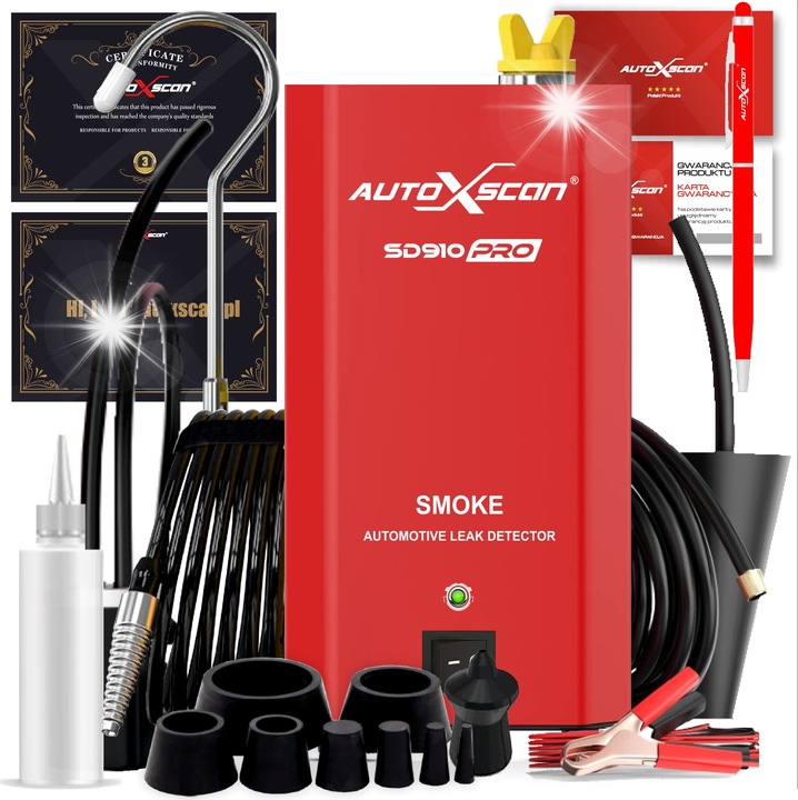 Тестер за новини за нередности, Autool SD910PRO, пълен комплект, 12V, манометър, захранващ кабел, стандартен адаптер, универсален адаптер, 20ml масло, 75°C