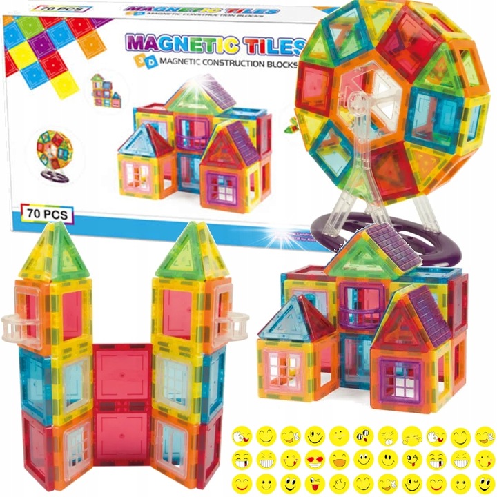 Set de constructie HappyBaby, Klocki Magnetyczne 3D, 70 elemente, multicolor, pentru copii de la 3 ani