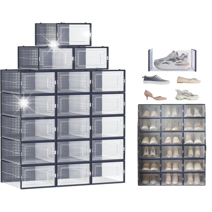 Set 18 cutii organizatoare pentru incaltaminte, transparente, 33,5x23,2x14,3cm, pentru marimea 44