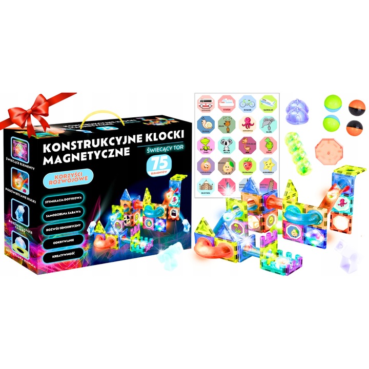 Set de constructie cu 75 de elemente, klocki magnetice colorate, iluminat, fara margini ascutite