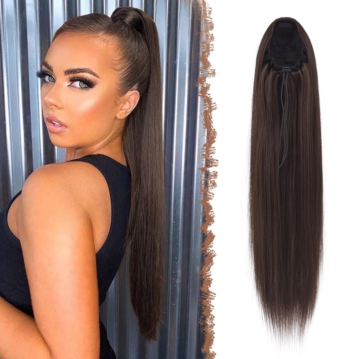 Extensie coada par FESHFEN, dreapta, prindere snur, lungime 60 cm, Par sintetic, Maro inchis