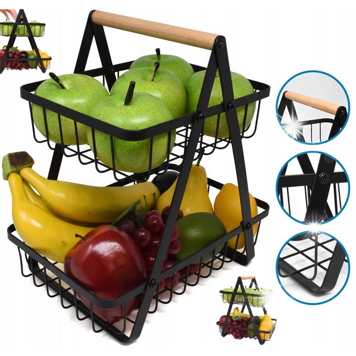 Stojak organizator 2 niveluri pentru fructe, negru, dimensiuni variate