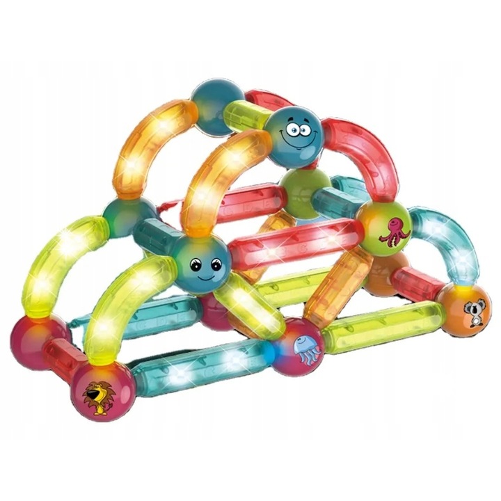 Set de constructie magnetice cu LED, Ikonka, 52 elemente, colorate, pentru copii 3+