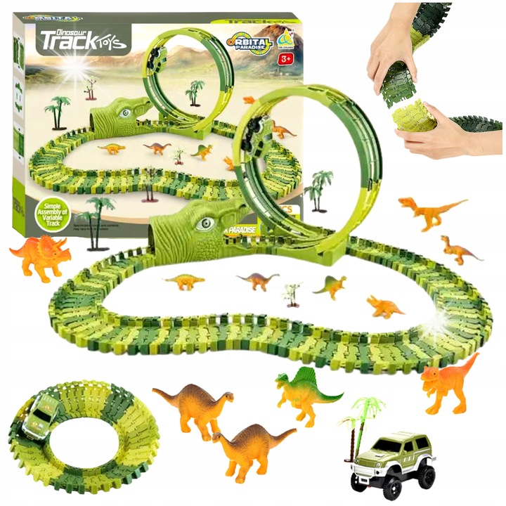 ProNice versenypálya szett, dinoszauruszok, elektromos kisautó, dinoszaurusz alagút, 36 darab